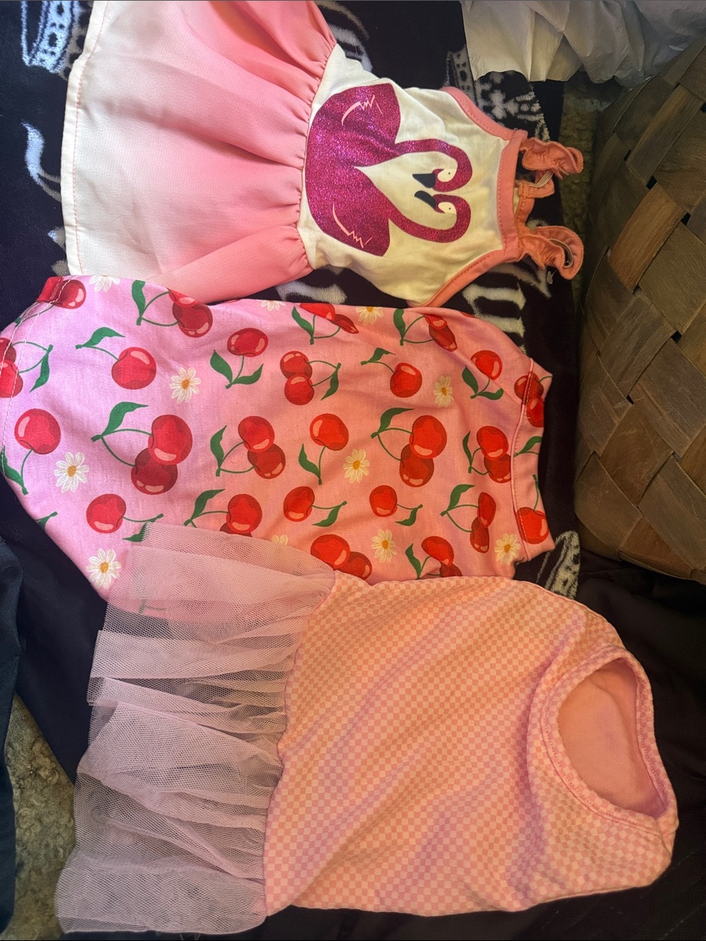 Set of 3 Pink Dog Dresses with Cherry and Swirl Designs